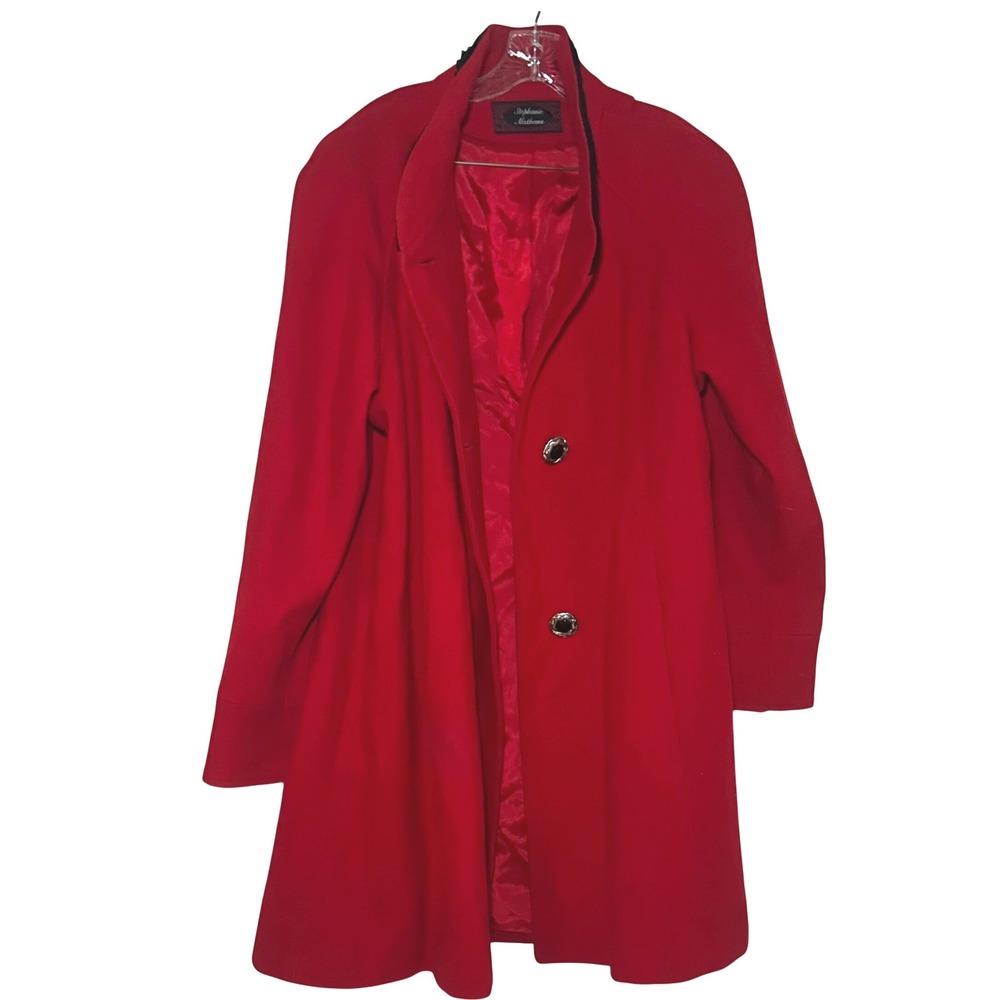 Stephanie Mathews Vintage Red Wool Coat Black Velvet Trim Collar USA Made Womens